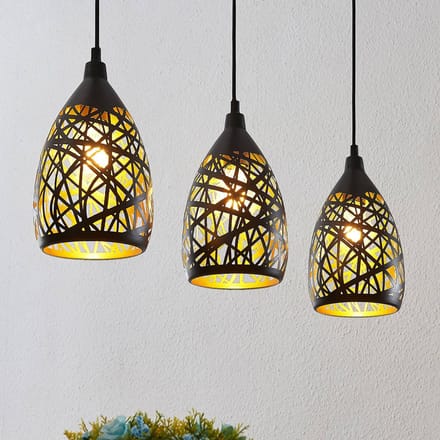 Lindby - hanglamp - 3lichts - Staal - H: 24 cm - E27 - zwart, goud
