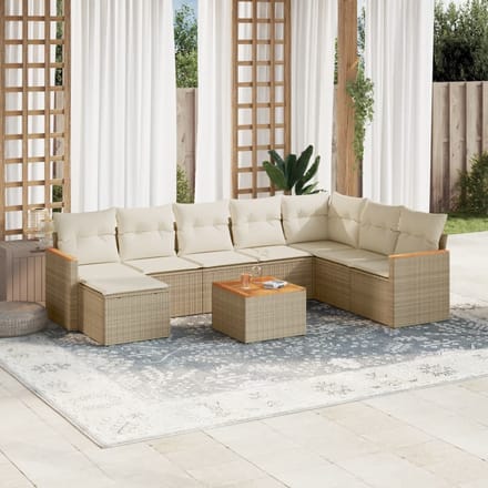vidaXL - 9-delige - Loungeset - met - kussens - poly - rattan - beige