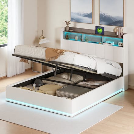 Tweepersoons Opbergbed 140×190 – Wit Fluweel – LED Bedbodem & Hoofdbord – USB & Type-C