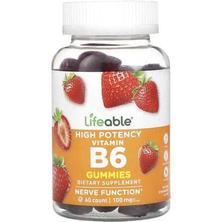Lifeable, hooggedoseerde vitamine B6 gummies, natuurlijke aardbeiensmaak, 100mg, 60 gummies (50 mg per gummy)