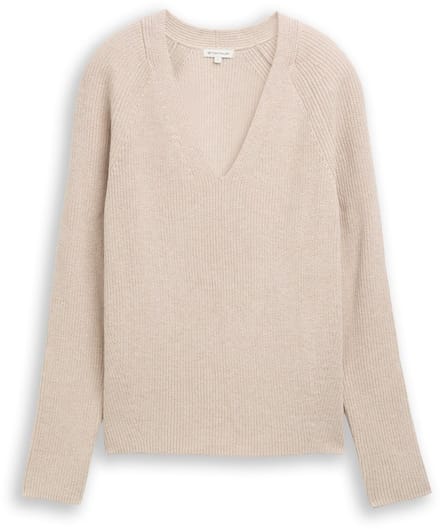 Tom Tailor - Gebreide trui met V-hals - Maat S - dusty alabaster melange