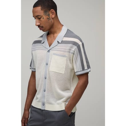 Ontspannen Boxy Open Steek Gestreept Gebreid Overhemd | Grey | Size Medium
