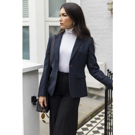 Marineblauwe tweed blazer met getailleerde pasvorm voor dames