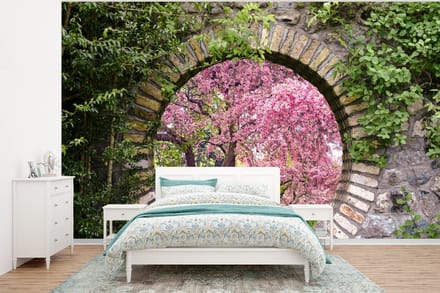 Behang - Fotobehang Doorkijk - Sakura - Bloesem - Japans - Breedte 295 cm x hoogte 220 cm