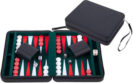 Pochette de jeu Backgammon de voyage 9  Similicuir rouge - fermeture Zip - Interieur feutré: vert/rouge/blanc - 250502 schoon