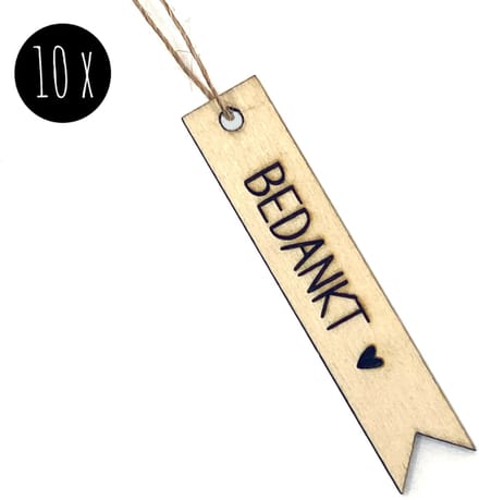 10x Houten Label / Cadeaulabels | BEDANKT + hartje | 65 x 13 mm