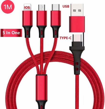 Femur 5-in-1 oplaadkabel – 1 Meter - USB-A en C naar Lightning – USB-A en C naar USB-C – USB-A en C naar Micro USB - Universeel – Flexibel - Extra Stevig - Rood