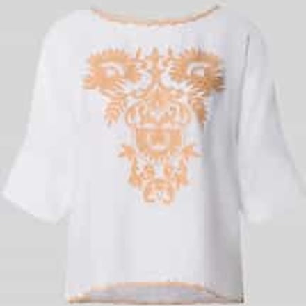 Blouses T-shirt met linnen en motiefstitching