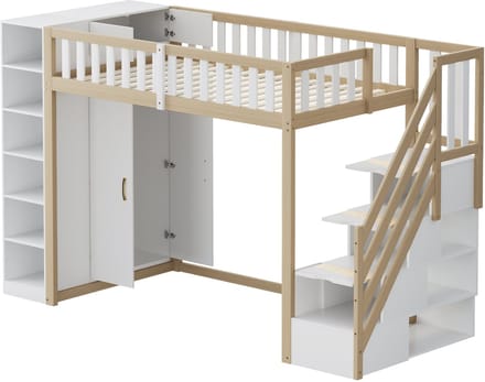 Hoogslaper - 90x200 - Kledingkast Opberg - Compact - Grenen MDF - Wit/Grijs/Hout