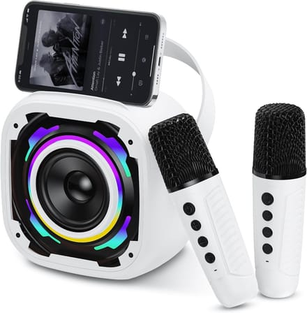 Draadloze Bluetooth Karaokemicrofoon Luidspreker Wit - Dynamisch Licht, Telefoonhouder, Spraakvervormer - 2 Microfoons
