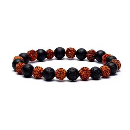 Armband van rudraksha-zaden en lavasteen, elastisch