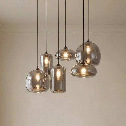 Lindby hanglamp Marla, 6-lamps, glas, rookgrijs