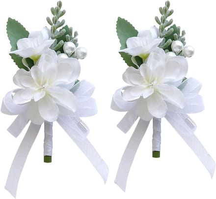 Rozen Corsage - Bruiloft Accessoires - Feestelijke Aankleding - Met Parels Bladeren - 9x14cm - Wit