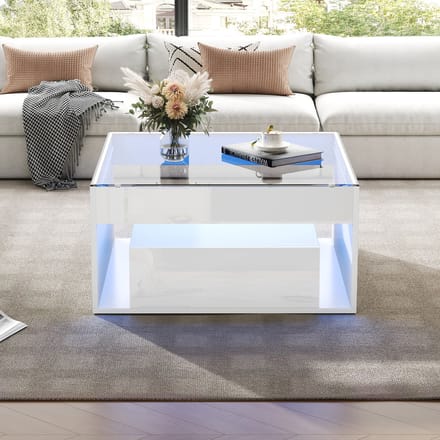 Salontafel - 70 x 70 x 35 cm - Met 2 Laden en LED - Gehard Glas - Hoogglans - Wit
