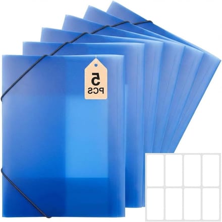 Set van 5 A4 Elastische Flap Pocket Hoekbinders - Plastic Documentenbeschermers met 2 Lege Labels voor Kantoor en Schoolprojecten, Blauw