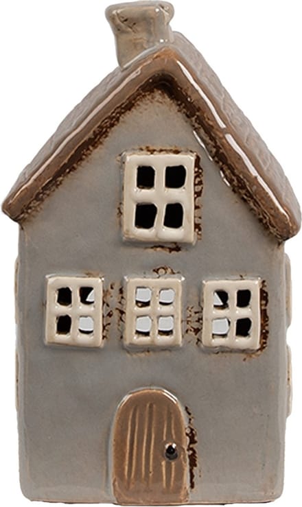 Clayre & Eef Waxinelichthouder Huis 9x9x16 cm Grijs Bruin Keramiek