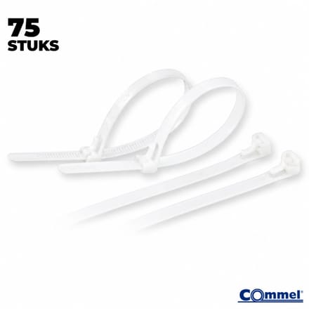 75x Commel Hersluitbaar / Herbruikbaar Kabelbinders - 200 x 7.5 mm - Wit - Nylon - Treksterkte 22kg