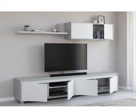 Moderne TV-meubelset met vier deuren, wandmodule en plank, Beton en Wit