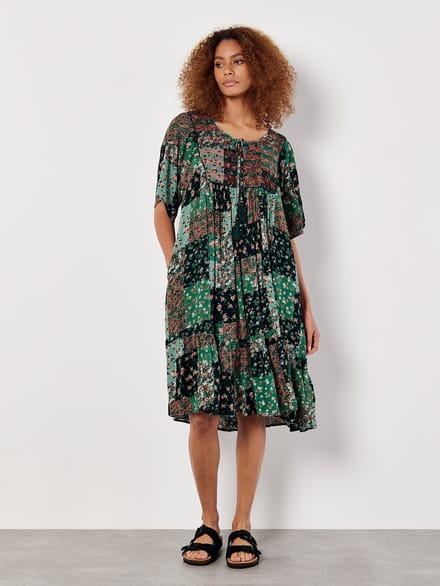 Patchwork print crinkle mini-jurk