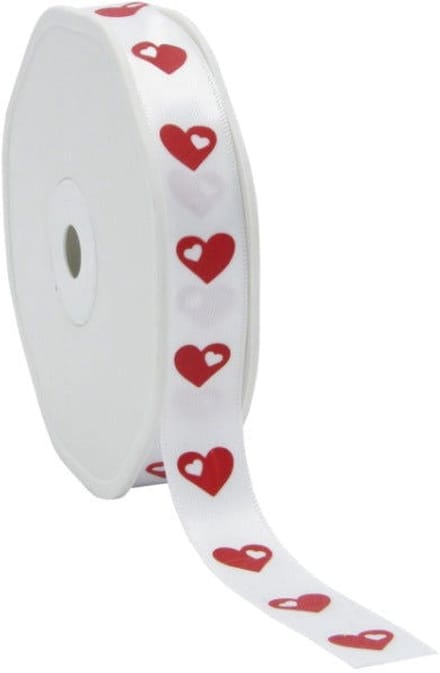 Satijnlint wit met rode Hartjes – 15 mm × 25 m – Satijn