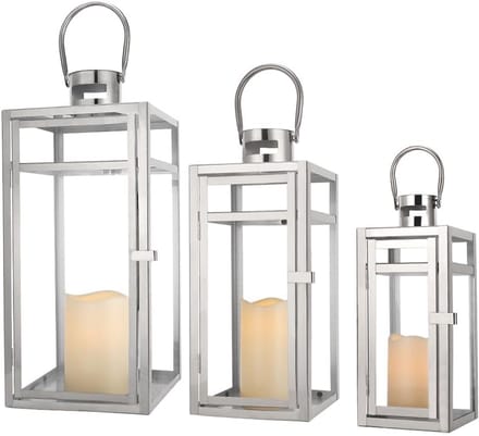 Set van 3 RVS Decoratieve Lantaarns met Glaspanelen voor Binnen en Buiten