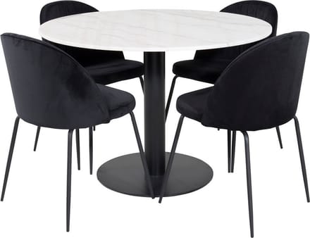 EstelleØ106WHBL eethoek eetkamertafel wit, marmer en 4 Wrinkles eetkamerstal velours zwart.