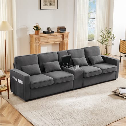 MODFU 4-Zits Sofa - Met Console En USB-Aansluitingen - Modern - Linnen - Donkergrijs - 290 X 83 X 88 Cm
