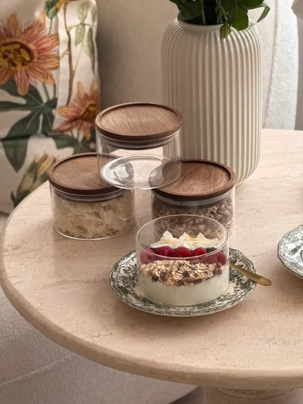 Space glazen kommen met deksel set van 6 acacia houten deksels 300 ml