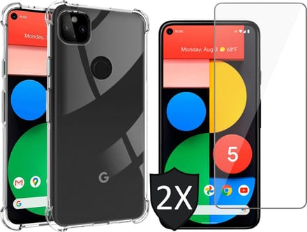 Hoesje geschikt voor Google Pixel 5 - Transparant Shock Proof Cover Case + 2x Screenprotector Tempered Glass Screen Protector Glas