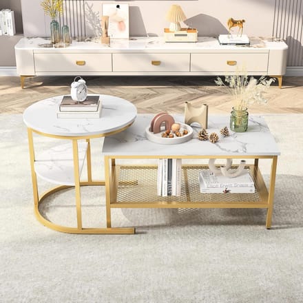 Set van 2 Rechthoekige Salontafels met Marmerlook en Metalen Frame