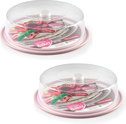 PlasticForte Taart bewaardoos - 2x - rond - gebak plateau - roze bodem - D32 x H9,5 cm