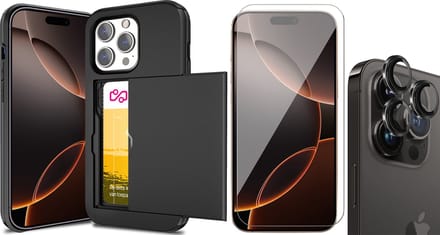 Hoesje met Pasjeshouder geschikt voor iPhone 16 Pro - Screenprotector GlassGuard & Camera Lens Screen Protector Zwart - Back Cover SlideCase Zwart