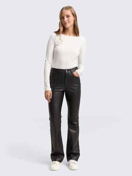 Tom Tailor Denim - Flared broek in leerlook - Maat XL - deep black