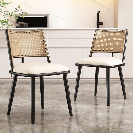 REDOM - Eetkamerstoelen Set Van 2 - Rattan Rugleuning - Zitting Met PU - Natuurlijk Ontwerp - Zwart
