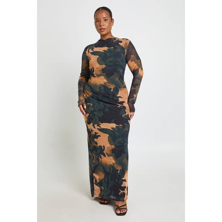 boohoo Dames Plus Geprinte Mesh Maxi-Jurk met Lage Rug | Maat: 48