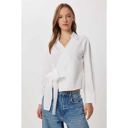 Double Breasted Poplin Blouse met Strikdetail