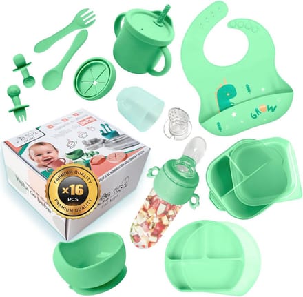 Babyservies van siliconen en fopspeen in groentint