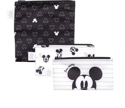 Bumkins Disney Mickey Mouse Snack Bag - Herbruikbare Snackzakjes met Rits - Set van 3 - 1 Large en 2 Small - Waterdicht Boterhamzakje en Lunchzakje - Vaatwasser- en Machinewasbaar - BPA- en PVC-vrij - Love Mickey - Zwart Wit