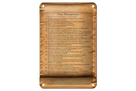 Blechschild Spruch 12x18cm das Ehegesetz ja Wort in Kraft