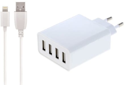 OneOne 5A lader met 4 poorten + 0,5m OneOne Lightning kabel. Universele oplader adapter past op Apple iPhone XR, iPhone XS, XS Max, iPhone 10, iPhone 11, iPhone 11 Pro, iPhone 11Pro Max, iPhone 12, iPhone 12 Mini, iPhone 12 Pro