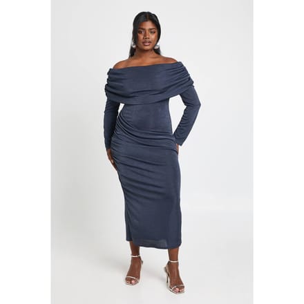 boohoo Dames Plus Gedrapeerde Bardot Midaxi Jurk | Charcoal | Maat: 26