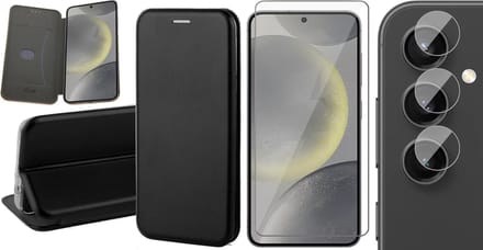 Hoesje geschikt voor Samsung Galaxy S24 Plus - Screenprotector Glas & Camera - Wallet Book Case Zwart