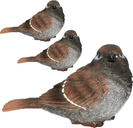 Huismus vogel beeldje - 3x stuks - 14,5 x 6,5 x 8,5 cm - polystone - tuinvogel beeldjes - binnen/buiten