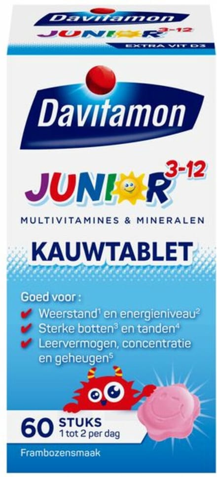 Davitamon - Junior 3+ Kauwvitamines Framboos - 4 x 60 kauwtabletten - Voordeelverpakking