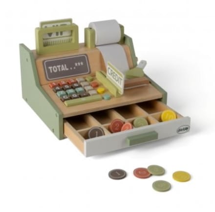 Dantoy houten speelgoed kassa 17-delig educatief rollenspel.