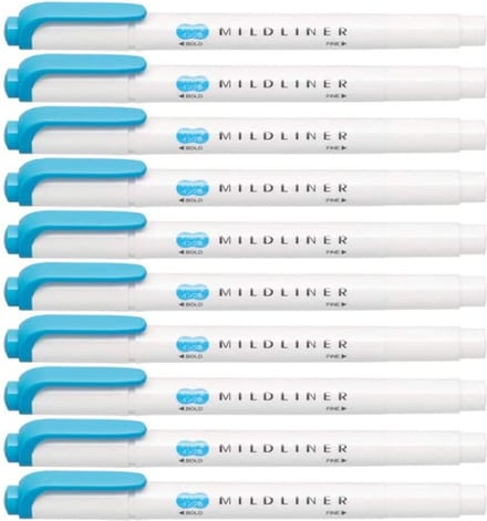 Zebra Mildliner Double-Sided Highlighter - Fine / Bold – Mild Cyan Set van 10 + een Luxe Zipperbag - WKT7-MCYA
