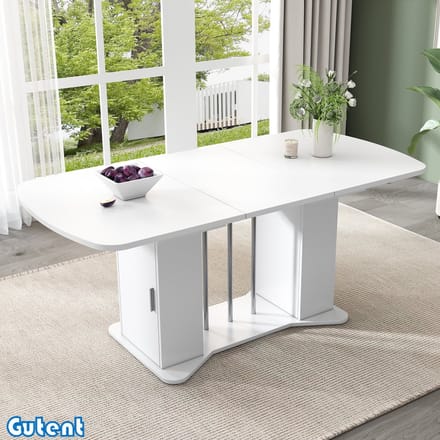 Gutent Uitschuifbare Eettafel - 120/160 x 80 cm - met Opbergruimte - Wit + Verzilverde poten