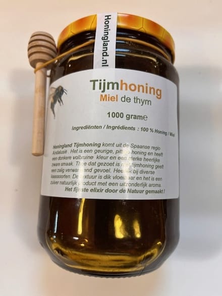 Honingland : Tijmhoning, miel de Thym, Thyme honey ( Rauwe ). 1000 gram.
