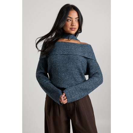 boohoo Dames Marl gebreide oversized Bardot trui en nekstrop | Blue | Maat: Large