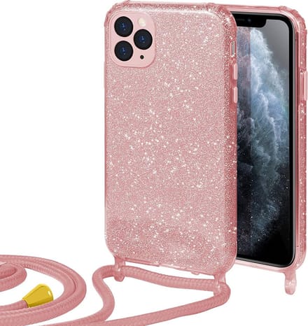 HB Hoesje Geschikt voor Apple iPhone 12 Pro Max - Roze - Glitter Back Cover met Koord